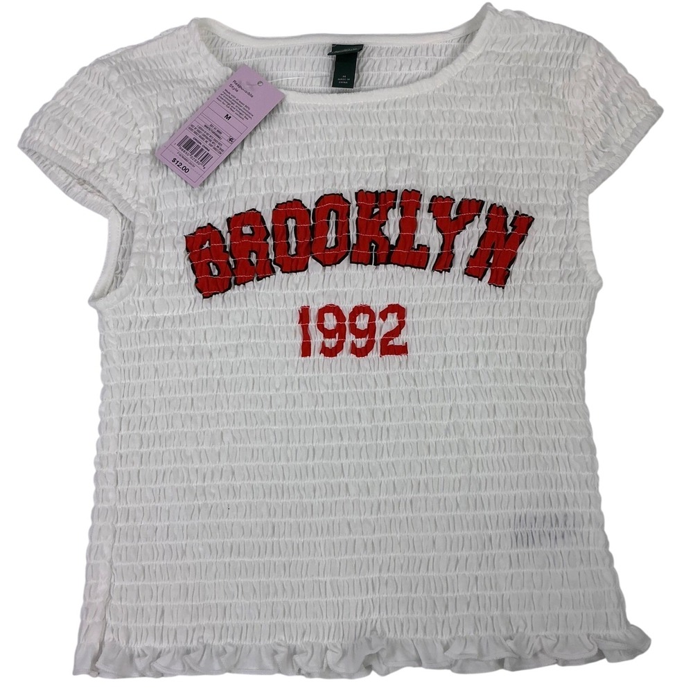 Wild Fable Brooklyn 1992 Smocked Top Womens Med White Short Sleeve Graphic NWT